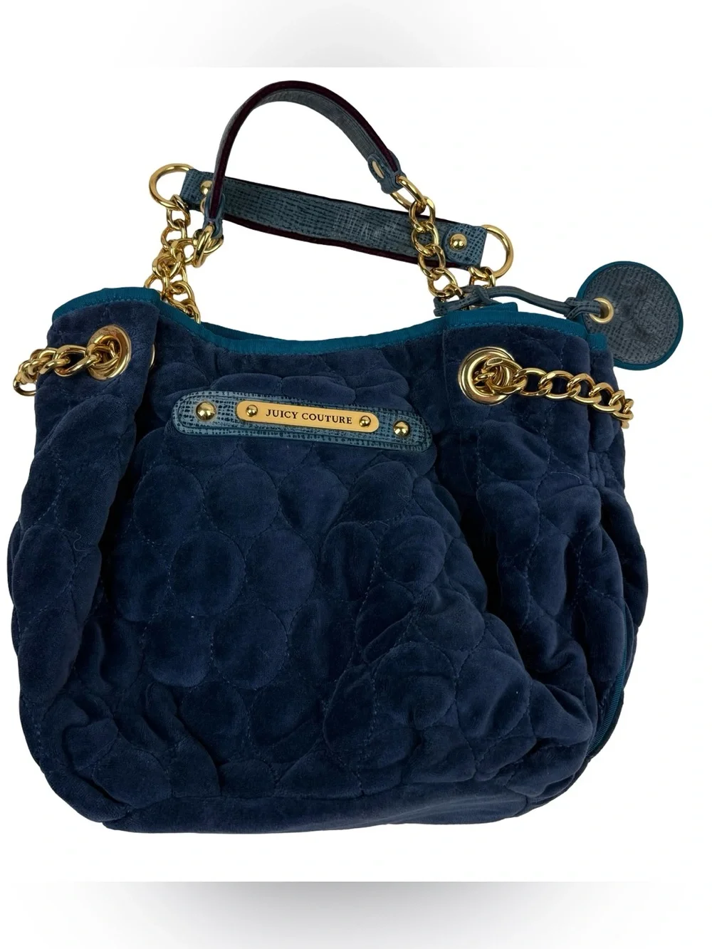 Juicy Couture Navy Quilted Velvet Chain Shoulder Bag Gold Hardware Vintage Blue